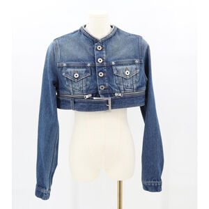 Jean Paul Gaultier Women's Belted Super Crop Denim Jacket Vintage Blue Sz XS